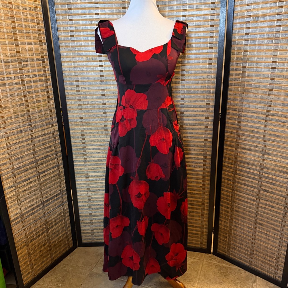 Nancy House Floral Maxi Dress Women Medium Red Poppy Smocked Back Pockets